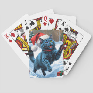 Russian Blue Cat Running Snow with Christmas Hat Playing Cards