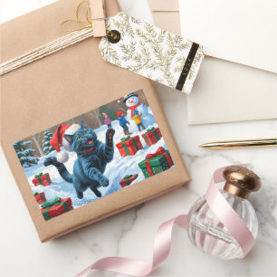 Russian Blue Cat Running Snow with Christmas Hat Rectangular Sticker