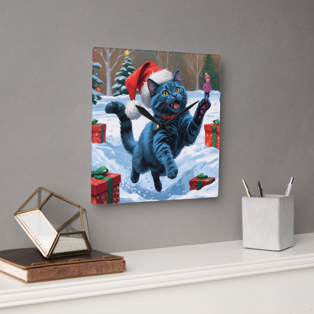 Russian Blue Cat Running Snow with Christmas Hat Square Wall Clock (Office)