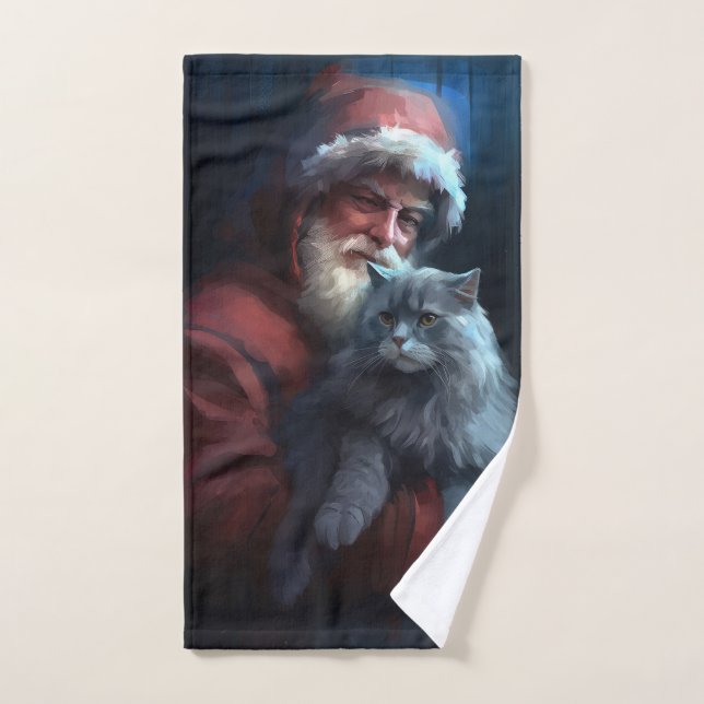 Russian Blue Cat Santa Claus Festive Christmas Bath Towel Set (Hand Towel)
