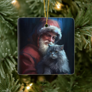 Russian Blue Cat Santa Claus Festive Christmas Ceramic Ornament