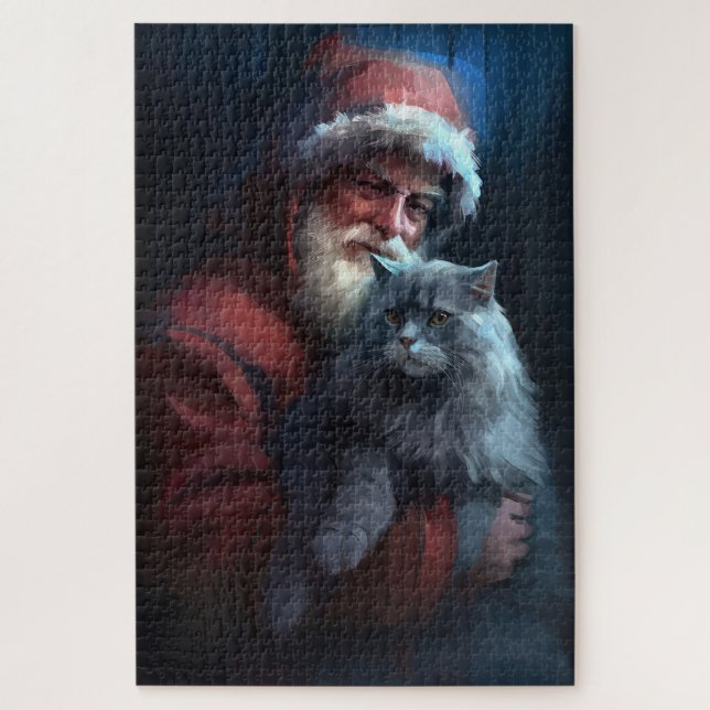 Russian Blue Cat Santa Claus Festive Christmas Jigsaw Puzzle (Vertical)