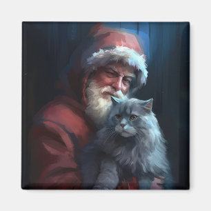 Russian Blue Cat Santa Claus Festive Christmas Magnet