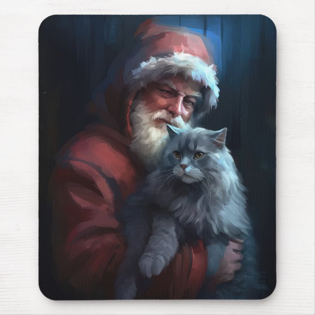 Russian Blue Cat Santa Claus Festive Christmas Mouse Pad (Front)
