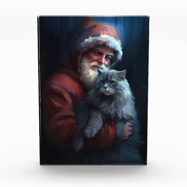 Russian Blue Cat Santa Claus Festive Christmas Photo Block (Front)