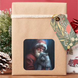 Russian Blue Cat Santa Claus Festive Christmas Square Sticker
