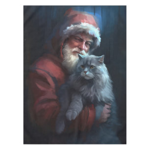 Russian Blue Cat Santa Claus Festive Christmas Tablecloth