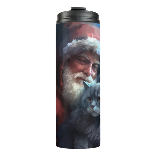 Russian Blue Cat Santa Claus Festive Christmas Thermal Tumbler (Front)