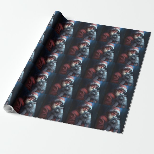 Russian Blue Cat Santa Claus Festive Christmas Wrapping Paper (Unrolled)