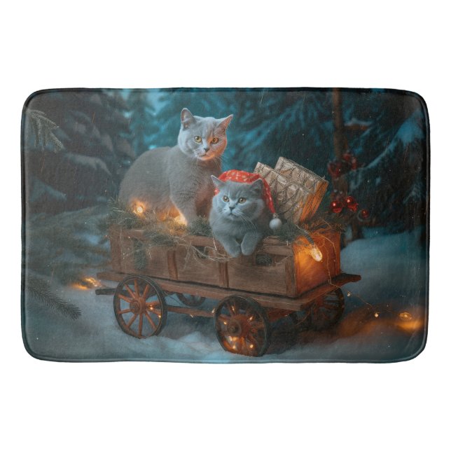 Russian Blue Cat Snowy Sleigh Christmas Decor Bath Mat (Front)