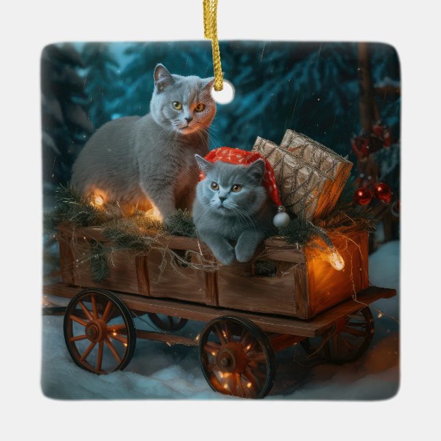 Russian Blue Cat Snowy Sleigh Christmas Decor Ceramic Ornament (Front)