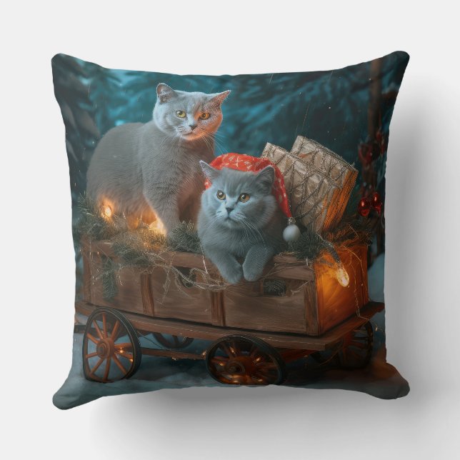 Russian Blue Cat Snowy Sleigh Christmas Decor Cushion (Back)