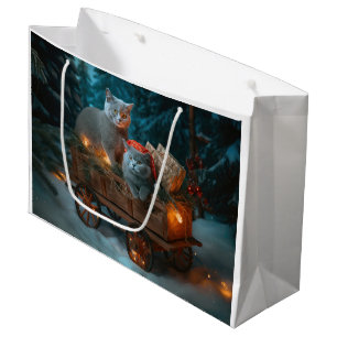 Russian Blue Cat Snowy Sleigh Christmas Decor Large Gift Bag