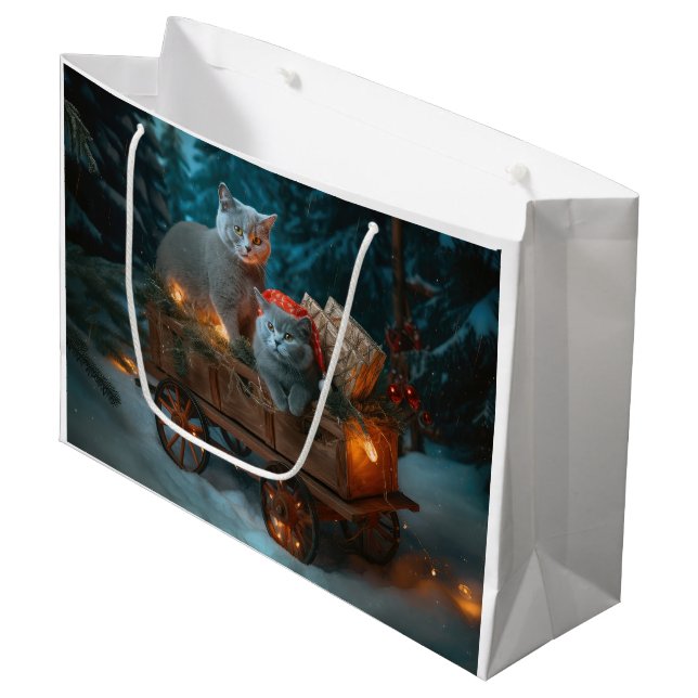 Russian Blue Cat Snowy Sleigh Christmas Decor Large Gift Bag (Front Angled)