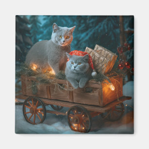 Russian Blue Cat Snowy Sleigh Christmas Decor Magnet