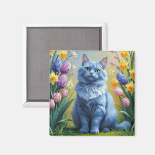 Russian Blue Cat Spring Flowers Painting  Magnet