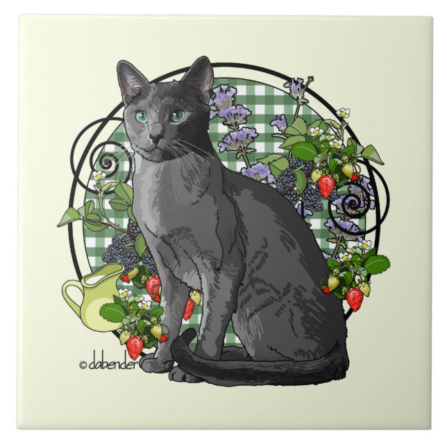 Russian Blue Cat with Berries Ceramic Tile (Front)