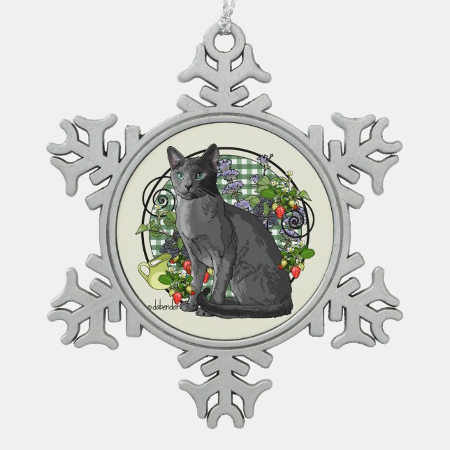 Russian Blue Cat with Berries Snowflake Pewter Christmas Ornament (Front)