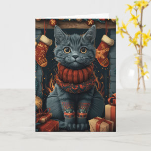 Russian Blue Cat With Christmas Gifts Fireplace Card