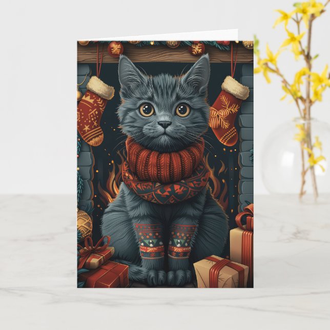 Russian Blue Cat With Christmas Gifts Fireplace Card (Yellow Flower)