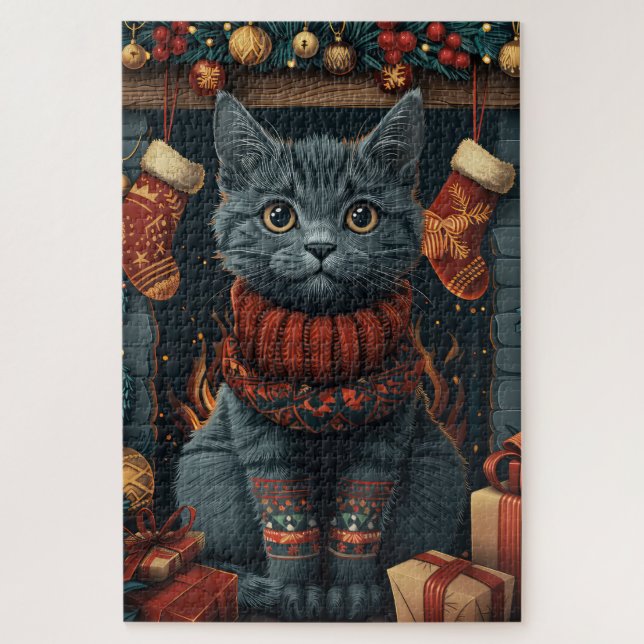 Russian Blue Cat With Christmas Gifts Fireplace Jigsaw Puzzle (Vertical)