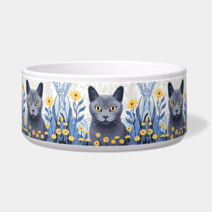 Russian Blue Cat Yellow Flowers