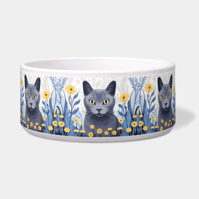 Russian Blue Cat Yellow Flowers (Front)
