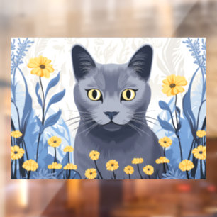 Russian Blue Cat Yellow Flowers