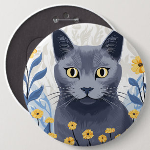 Russian Blue Cat Yellow Flowers 6 Cm Round Badge