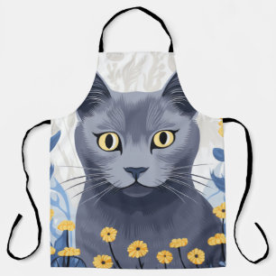 Russian Blue Cat Yellow Flowers Apron