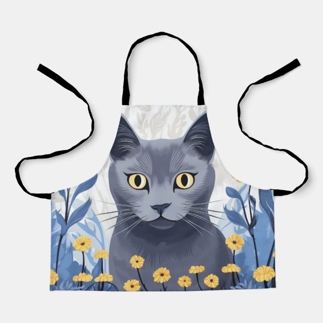 Russian Blue Cat Yellow Flowers Apron (Front)