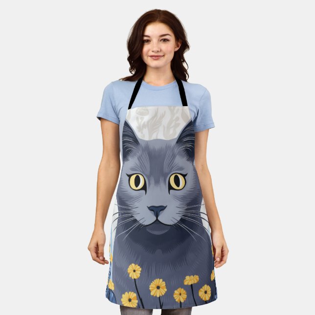 Russian Blue Cat Yellow Flowers Apron (Worn)