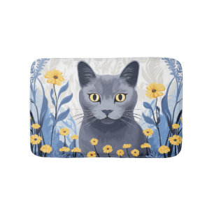 Russian Blue Cat Yellow Flowers Bath Mat