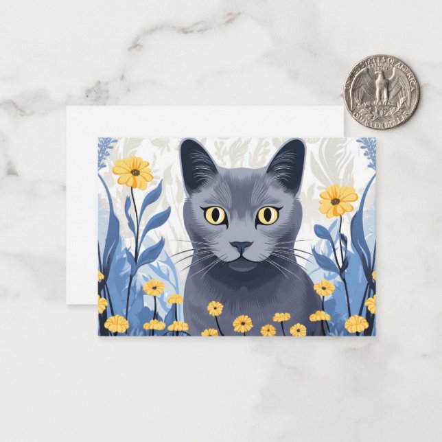 Russian Blue Cat Yellow Flowers Card (Front/Back In Situ)