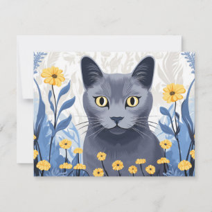 Russian Blue Cat Yellow Flowers Card