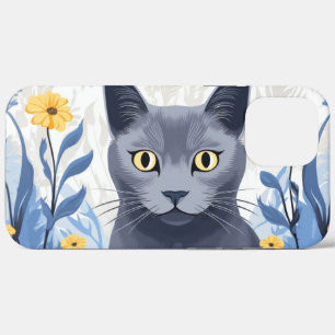 Russian Blue Cat Yellow Flowers iPhone 12 Pro Max Case