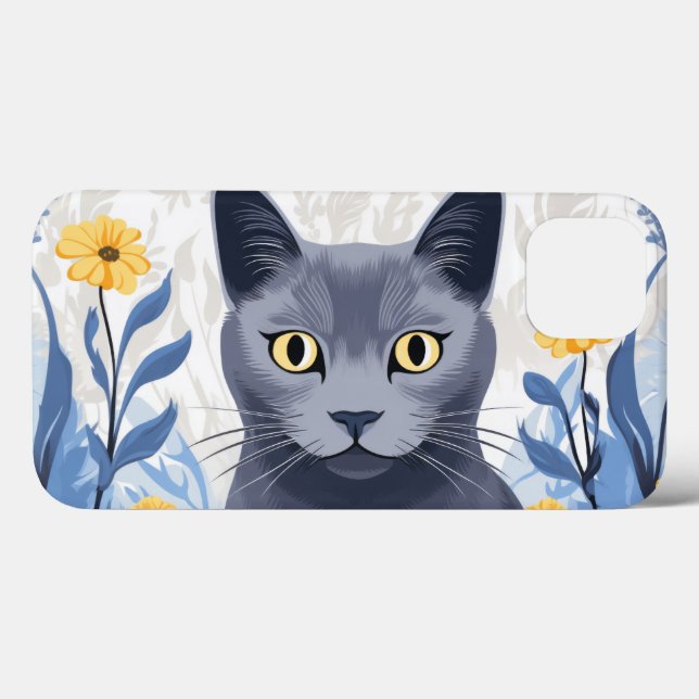 Russian Blue Cat Yellow Flowers Case-Mate iPhone Case (Back (Horizontal))