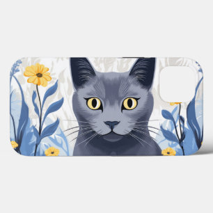 Russian Blue Cat Yellow Flowers iPhone 13 Case