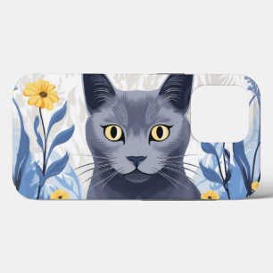 Russian Blue Cat Yellow Flowers iPhone 13 Pro Case