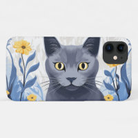 Russian Blue Cat Yellow Flowers