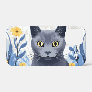 Russian Blue Cat Yellow Flowers iPhone 12 Mini Case