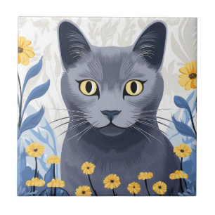 Russian Blue Cat Yellow Flowers Ceramic Tile