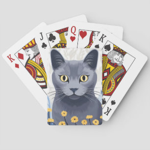 Russian Blue Cat Yellow Flowers Classic Playing Cards