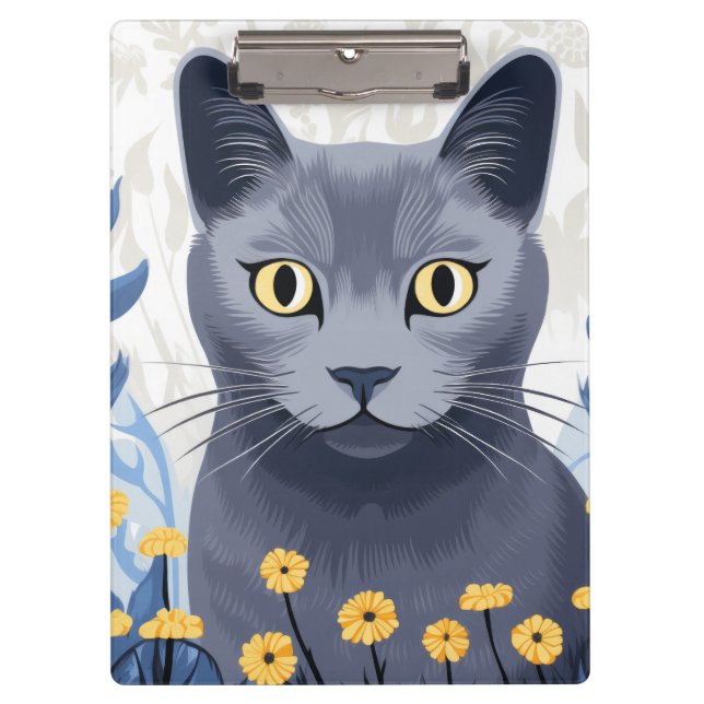 Russian Blue Cat Yellow Flowers Clipboard (Front)