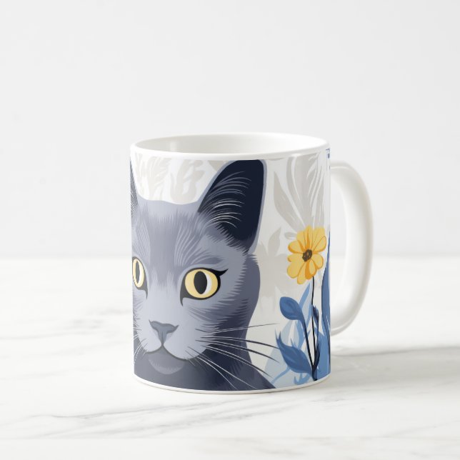 Russian Blue Cat Yellow Flowers Coffee Mug (Front Right)