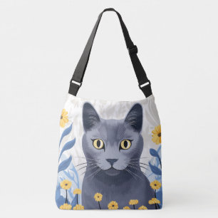 Russian Blue Cat Yellow Flowers Crossbody Bag