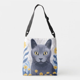 Russian Blue Cat Yellow Flowers Crossbody Bag