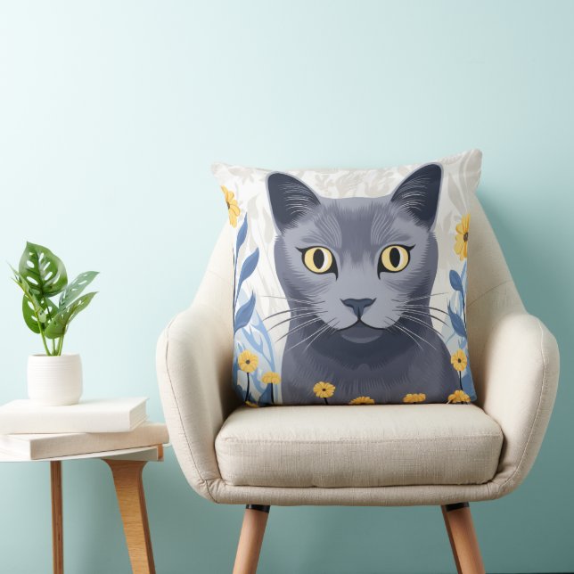 Russian Blue Cat Yellow Flowers Cushion (Chair)