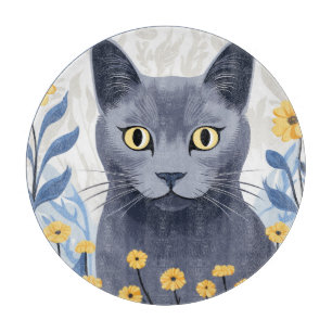 Russian Blue Cat Yellow Flowers Cutting Board