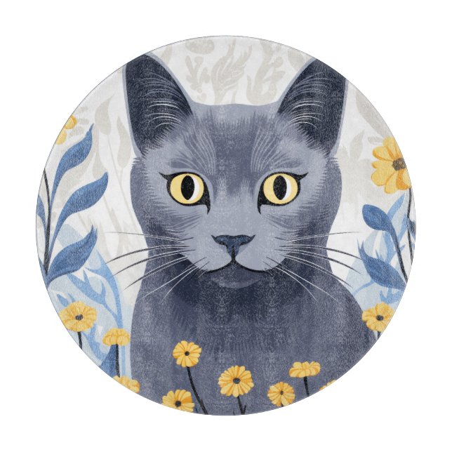 Russian Blue Cat Yellow Flowers Cutting Board (Front)